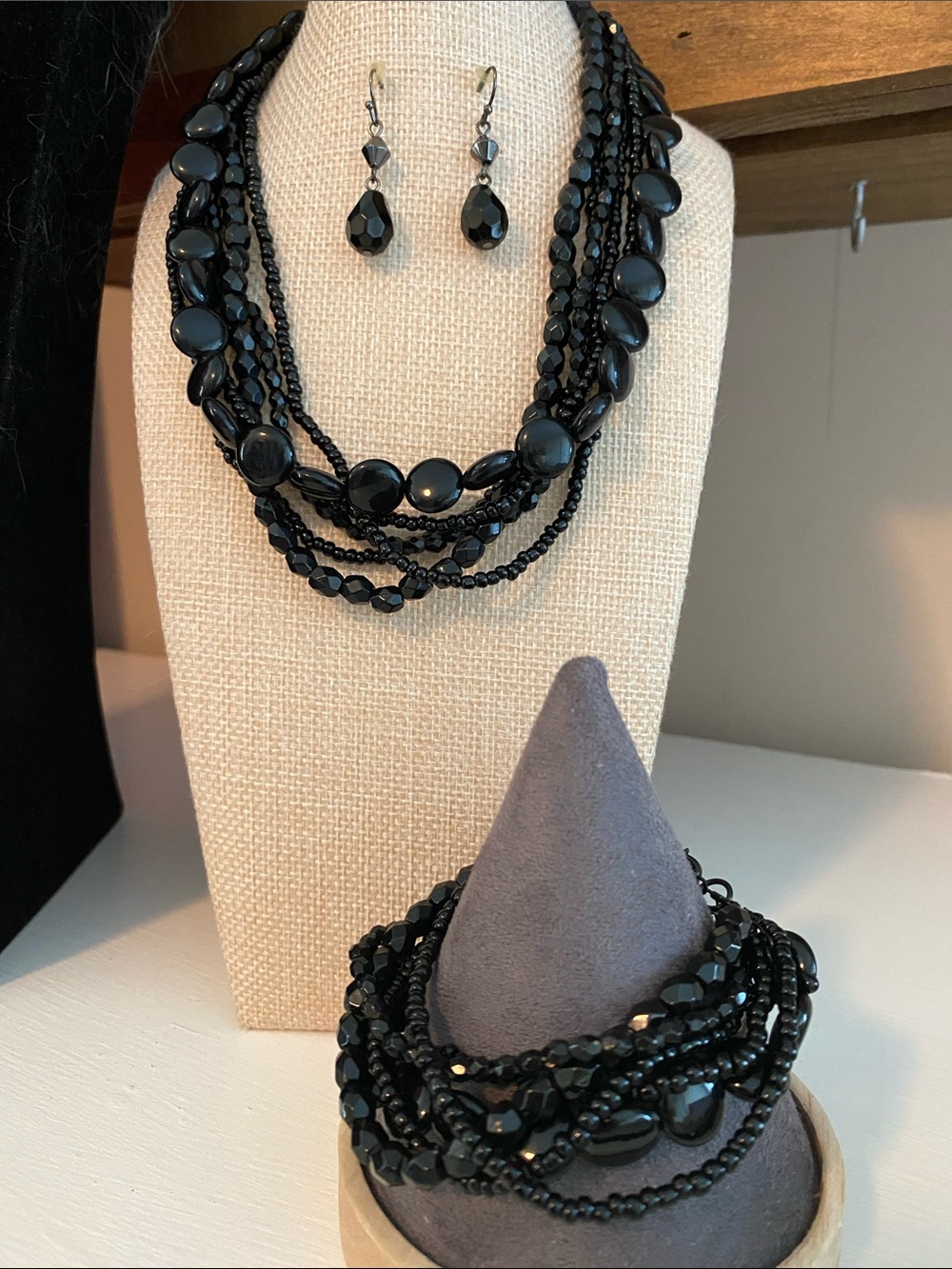 Premier Designs Black Multi-Strand Beaded Necklace, Bracelet & Earrings Set